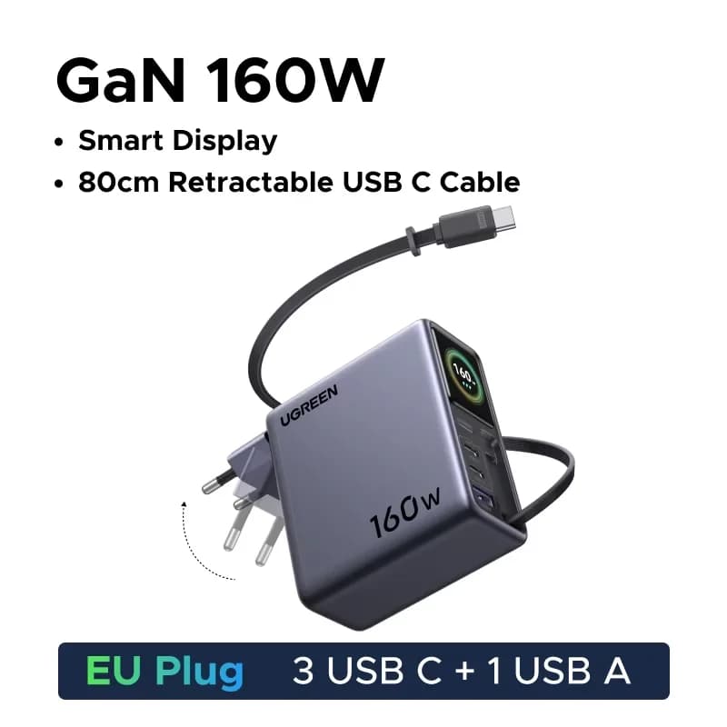 Зарядний пристрій GaN 160W із вбудованим кабелем та дисплеєм