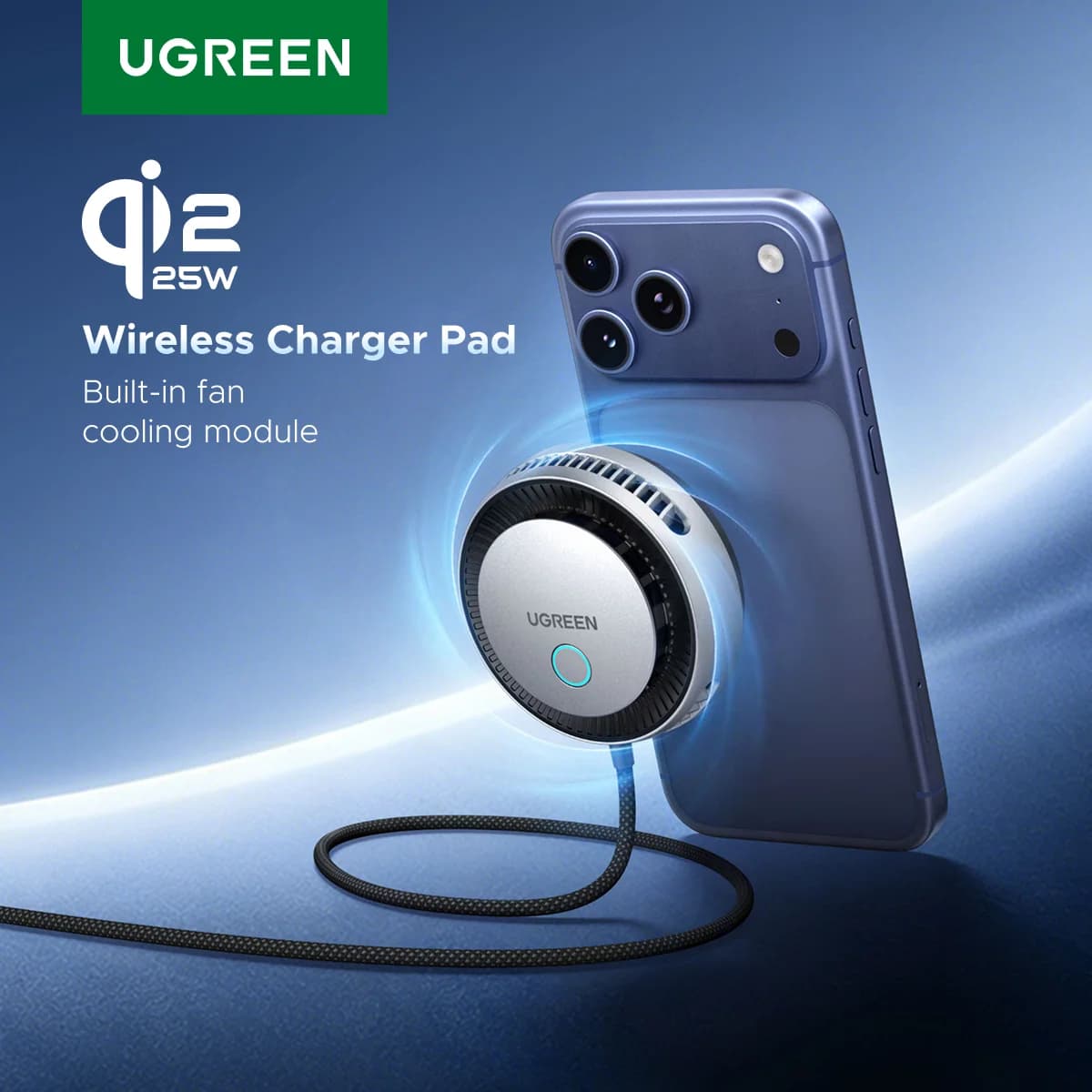 Магнітна бездротова зарядка Qi2 25W з охолоджувальним вентилятором