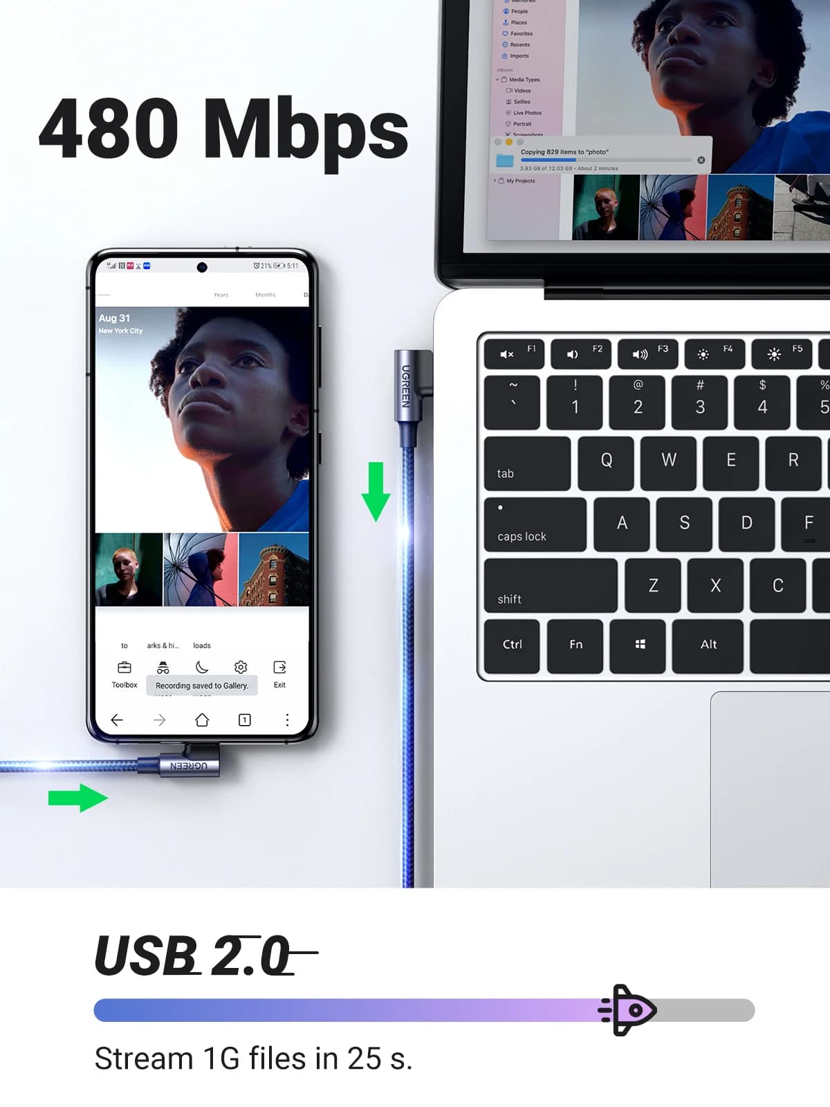 Кабель USB-C на USB-C із нейлону, кут 90 градусів