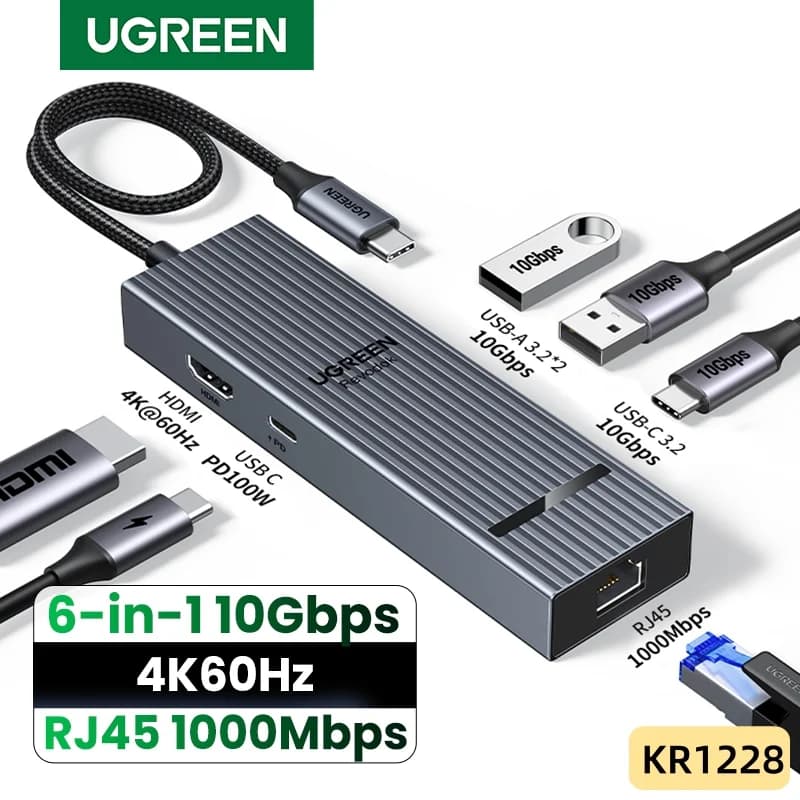 USB-C хаб 6-в-1: 4K HDMI, Gigabit Ethernet, PD 100W