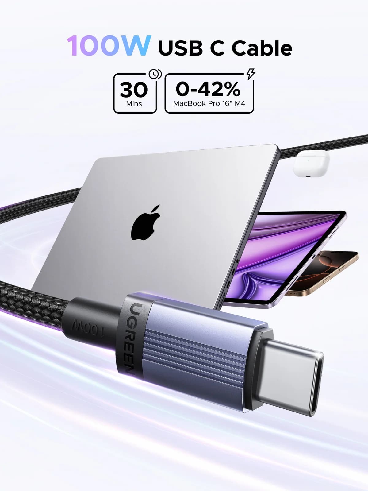 Кабель USB-C для швидкої зарядки 100 Вт, 5 А